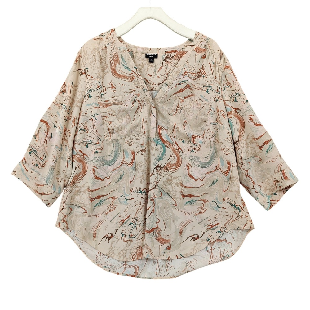 Torrid Women Abstract Marble Swirl Harper Blouse 1X Tan Brown 3/4 Sleeve Popover